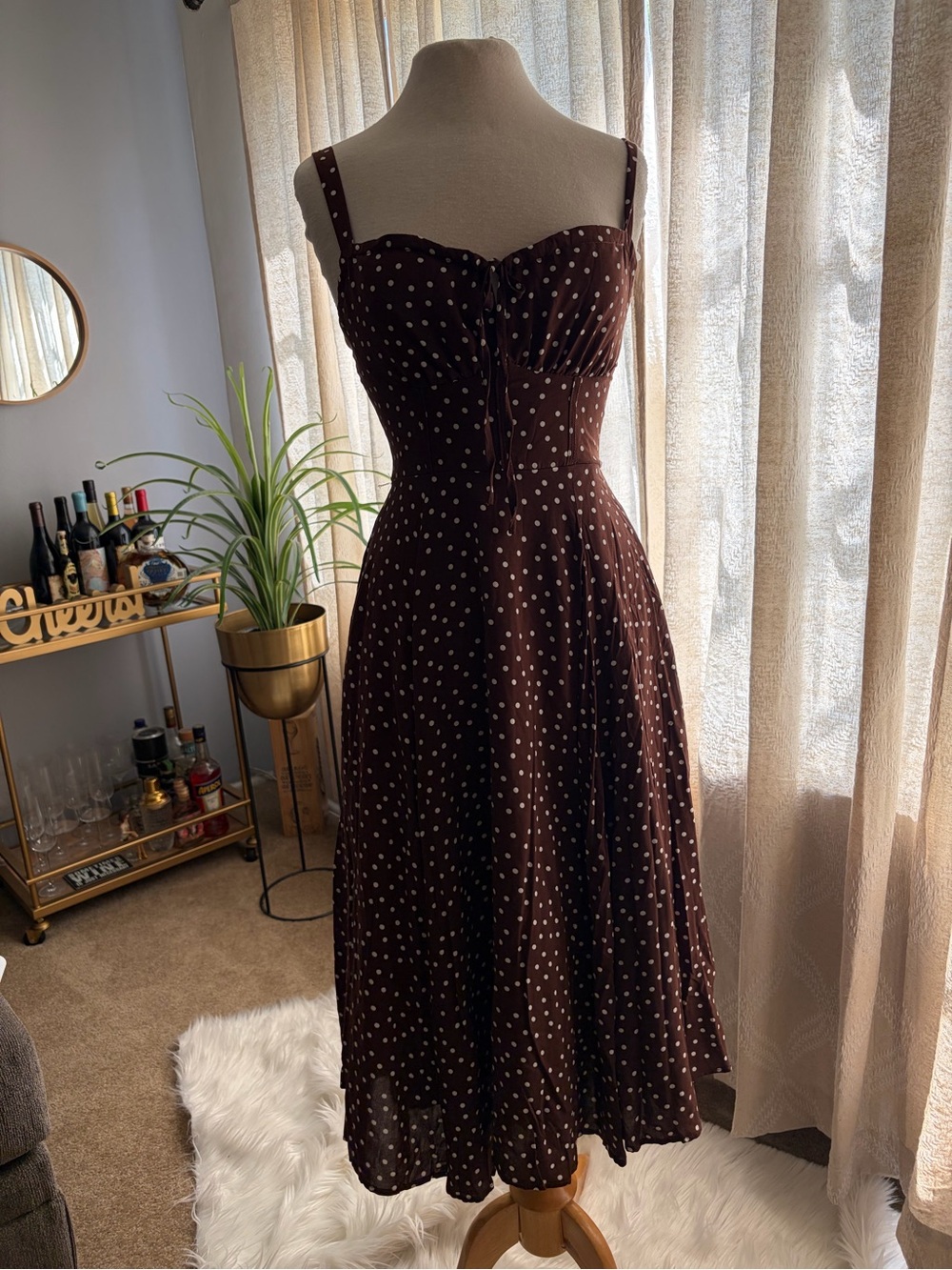 Liberty Love Brown Polka Dot Midi Dress with Ivory Dots